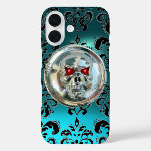 SKULL RIDERS TEAL BLUE DAMASK GEM Aquamarine iPhone 16 Case