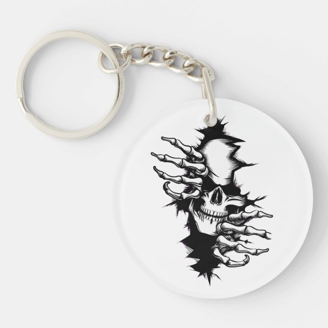 Skull Ripping Through Wall with Skeleton Hands Key Ring (Front)