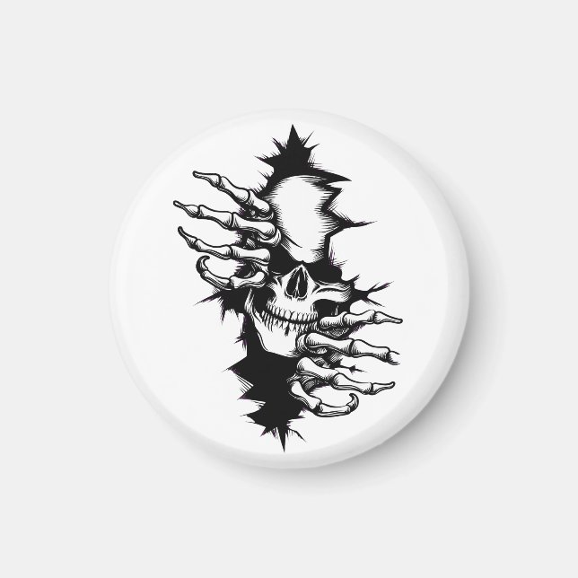 Skull Ripping Through Wall with Skeleton Hands Magnet (Front)