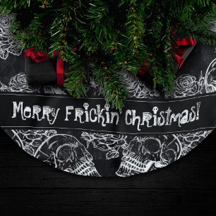 Skull Rose Chalk   Funky Black Gothic White Grunge Brushed Polyester Tree Skirt