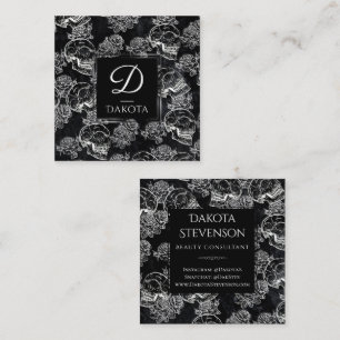Skull Rose Chalk   Funky Gothic Grunge Monogram Square Business Card