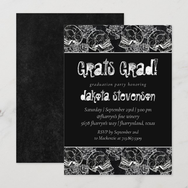 Skull Rose | Funky Chalkboard Grunge Graduation Invitation (Front/Back)
