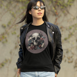 Skull Roses And Butterflies In Textured Mauve T-Shirt