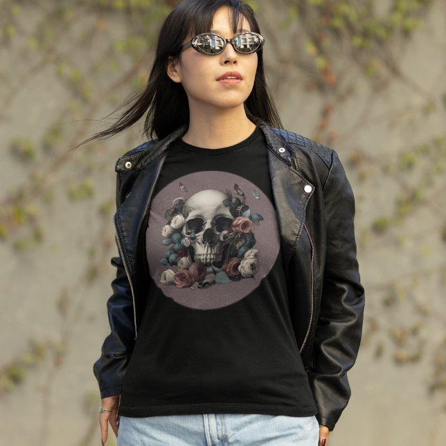 Skull Roses And Butterflies In Textured Mauve T-Shirt (Creator Uploaded)