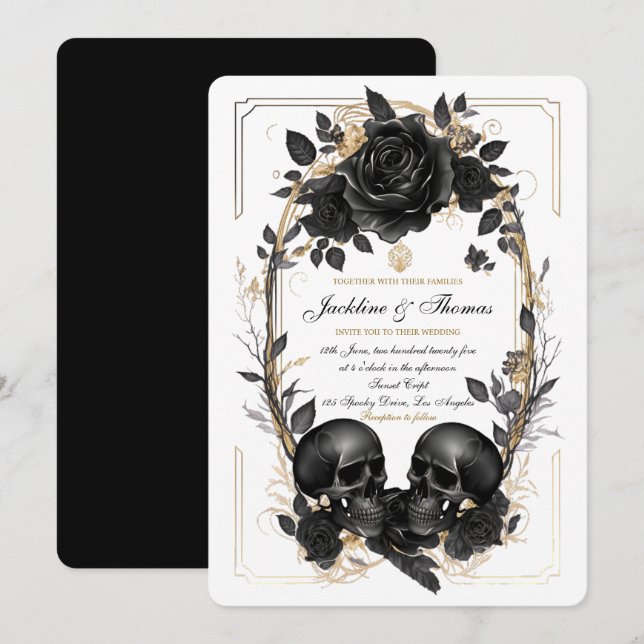  Skull Roses Black White Gold Gothic Wedding Invitation (Front/Back)
