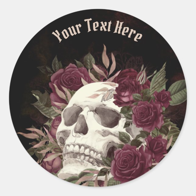 Skull Roses Burgundy Black Grunge Personalised Cla Classic Round Sticker (Front)