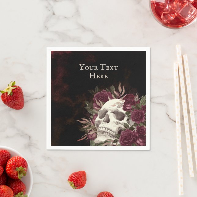 Skull Roses Burgundy Black Grunge Personalised Napkin (Insitu)