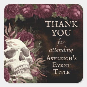 Skull Roses Burgundy Black Grunge THANK YOU Square Sticker