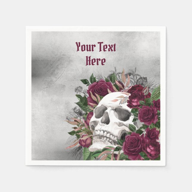 Skull Roses Burgundy Burgundy Grey Personalised Napkin (Front)