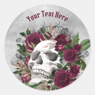 Skull Roses Burgundy Maroon Grey Personalised Classic Round Sticker