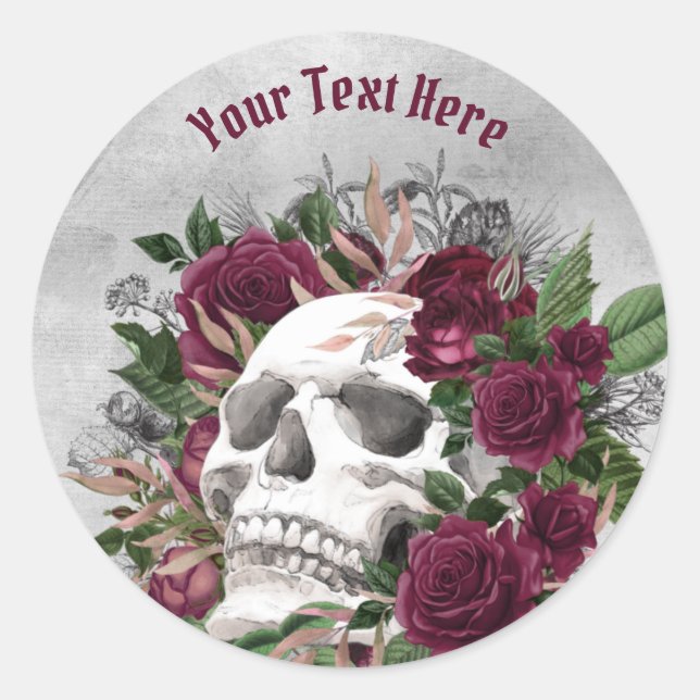 Skull Roses Burgundy Maroon Grey Personalised Classic Round Sticker (Front)