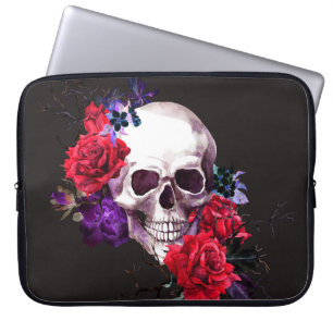Skull & Roses: Dark Floral Watercolor. Laptop Sleeve