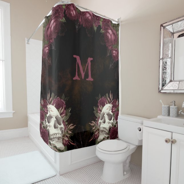 Skull Roses Monogram Black Burgundy Dark Grunge Shower Curtain (In Situ)