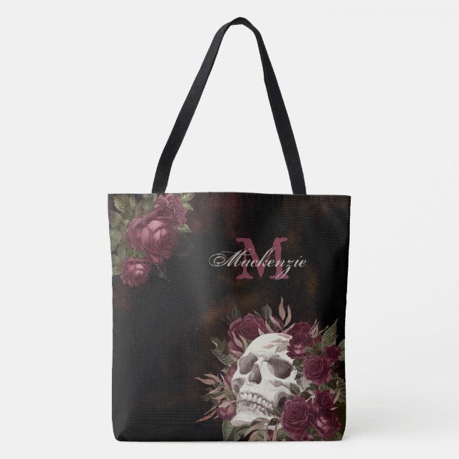Skull Roses Monogram Name Burgundy Black Grunge Tote Bag (Front)