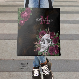 Skull Roses Monogram Name Burgundy Dark Grunge Tote Bag