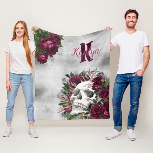 Skull Roses Monogram Name Burgundy Grey Grunge Fleece Blanket (In Situ)