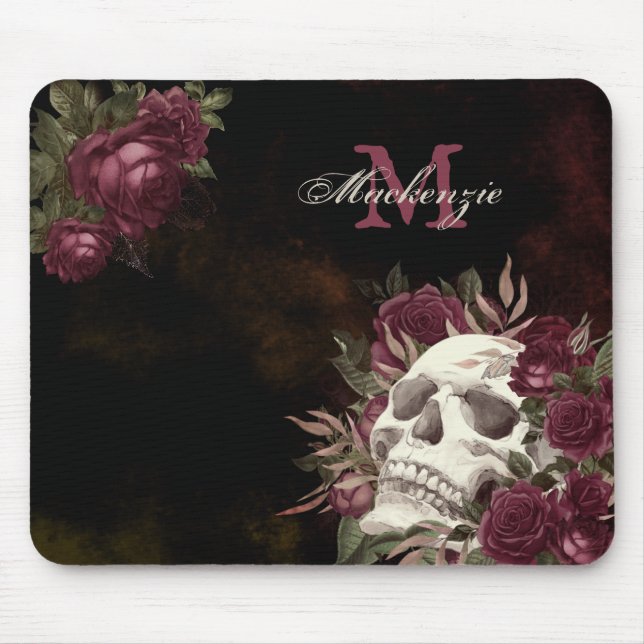 Skull Roses Monogram Name Burgundy Grunge Dark Mouse Mat (Front)