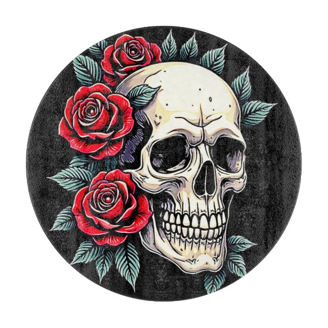 Skull Roses Tattoo Art Cutting Board (Front)
