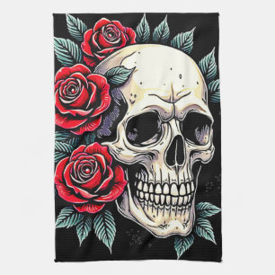 Skull Roses Tattoo Art Tea Towel