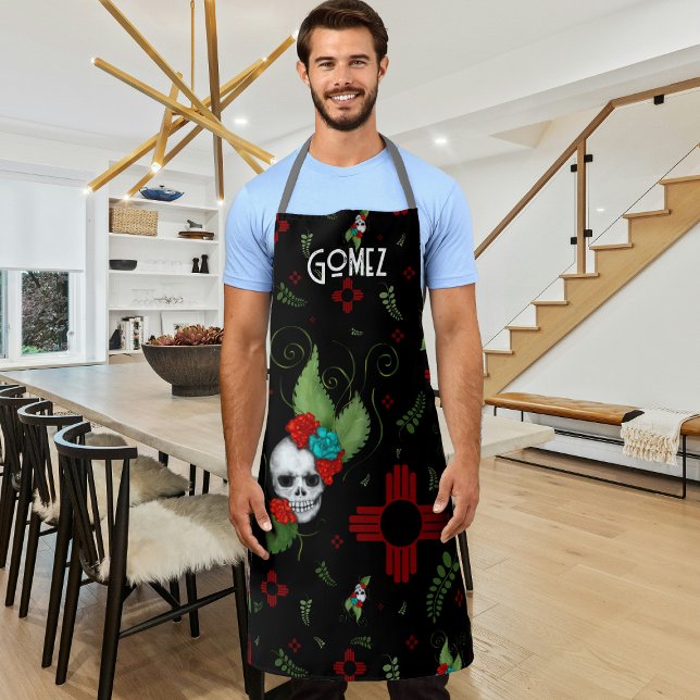 Skull Roses Zia Sun Greenery Black New Mexico Apron (Creator Uploaded)