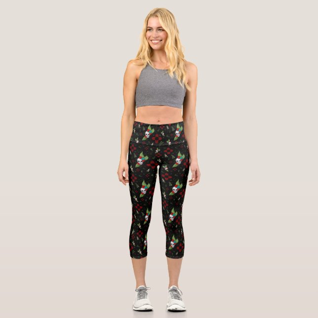 Skull Roses Zia Sun Greenery Black New Mexico Capri Leggings (Front)