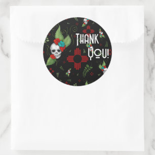 Skull Roses Zia Sun Greenery Black New Mexico Classic Round Sticker