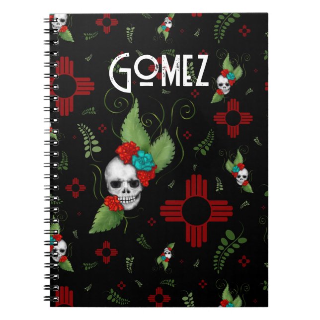 Skull Roses Zia Sun Greenery Black New Mexico Notebook (Front)