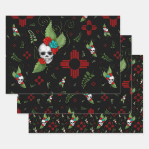 Skull Roses Zia Sun Greenery Black New Mexico Wrapping Paper Sheet