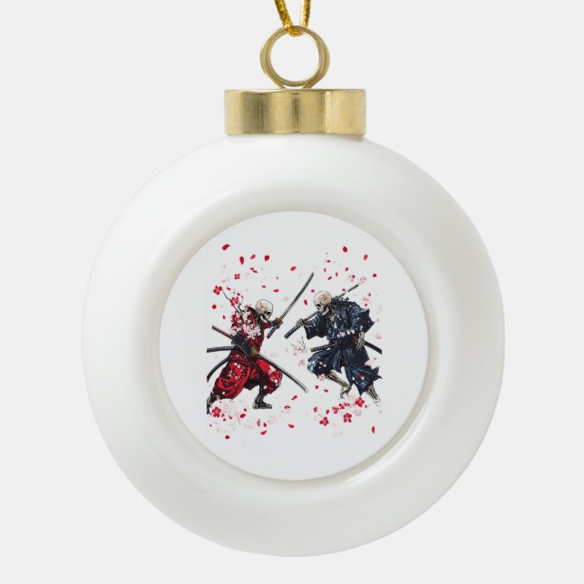 Skull Samurai Duel Ceramic Ball Christmas Ornament (Front)