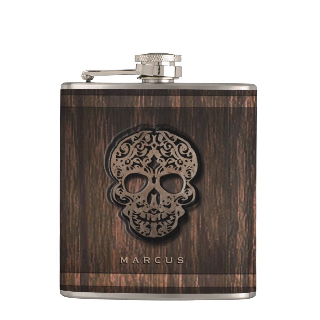 Skull Scroll on Faux Wood Textured Background Hip Flask (Front)