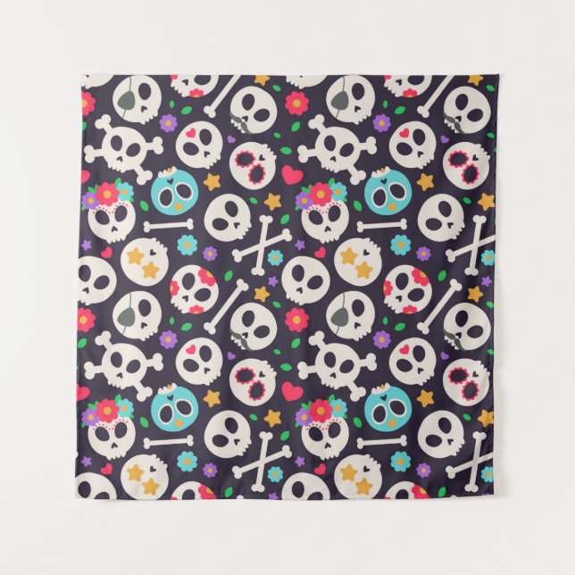 Skull set. Seamless pattern with flat design of sk Tapestry (Front)