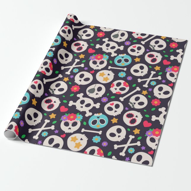 Skull set. Seamless pattern with flat design of sk Wrapping Paper (Unrolled)
