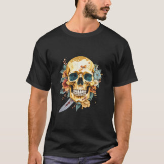 Skull shirt gold skull with a knife and a flower