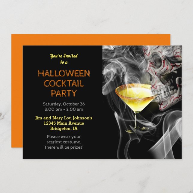 Skull Sipping Martini Halloween Cocktail Party Invitation (Front/Back)