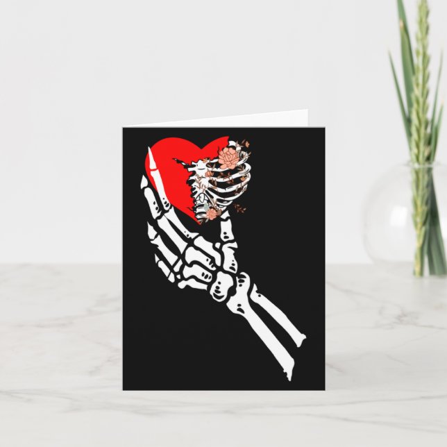 Skull Skeleton Hand Holding Red Heart Love Valenti Card (Front)
