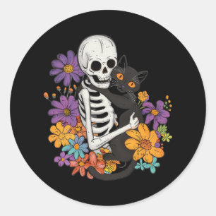 Skull Skeleton Hugging Black Cat Floral Halloween  Classic Round Sticker