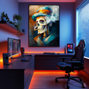 Skull Smoking a Cigarette - Cubist Minimalist Poster