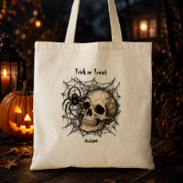 Skull Spider Web Trick or Treat Custom Name Tote Bag