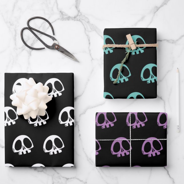 Skull Spooky Goth Halloween 3 colours Wrapping Paper Sheet (Front)