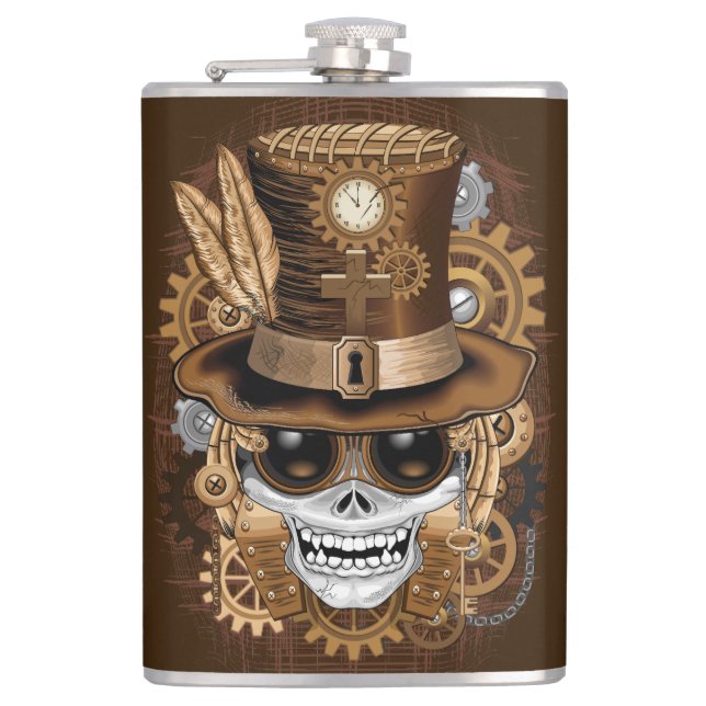 Skull Steampunk Voodoo Retro Machine Hip Flask (Front)