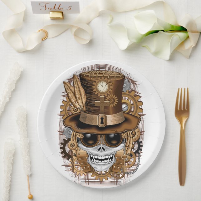 Skull Steampunk Voodoo Retro Machine Paper Plate (Wedding)