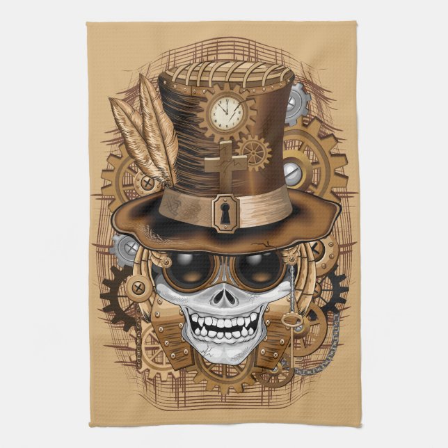 Skull Steampunk Voodoo Retro Machine Tea Towel (Vertical)