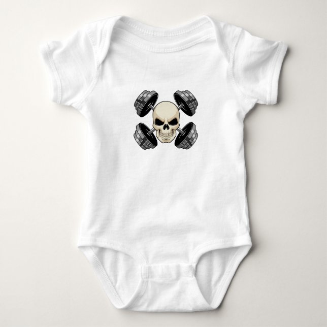 Skull Strength training Dumbbells Baby Bodysuit (Front)