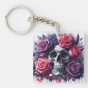 Skull Surrounded by Vibrant Roses Key Ring
