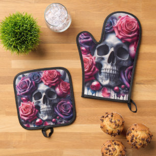 Skull Surrounded by Vibrant Roses Oven Mitt & Pot Holder Set