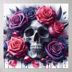 Skull Surrounded by Vibrant Roses Poster