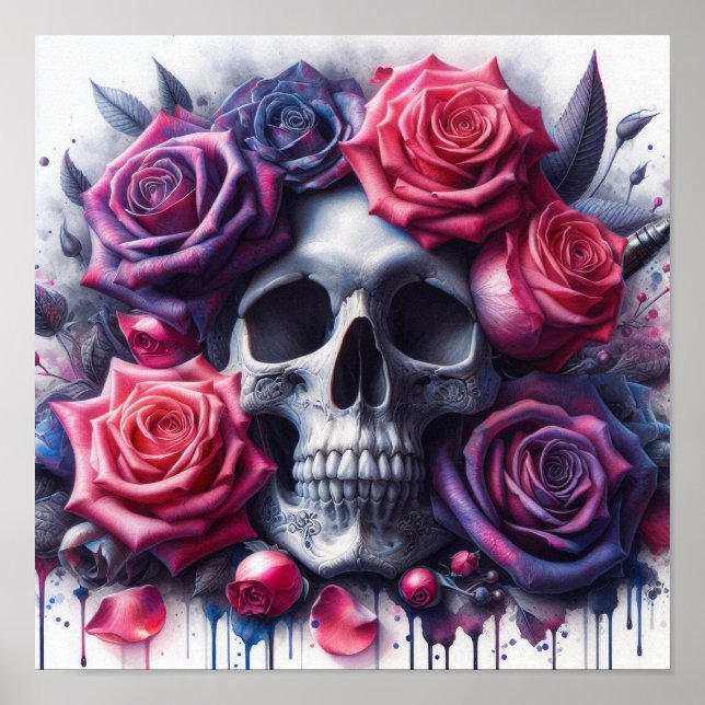 Skull Surrounded by Vibrant Roses Poster (Front)