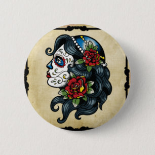 skull tattoo girl 6 cm round badge