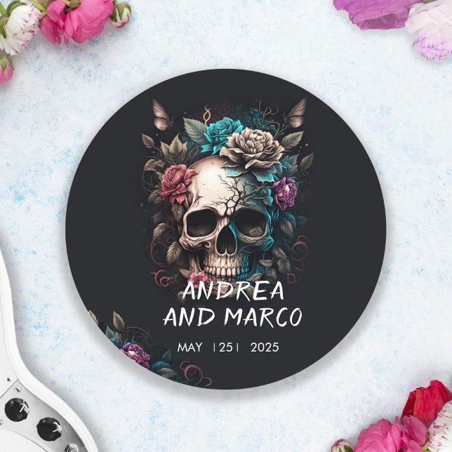 Skull Tattoo Rock and Roll Gothic Wedding Classic Round Sticker (Skull Tattoo Rock and Roll Gothic Wedding Classic Round Sticker)