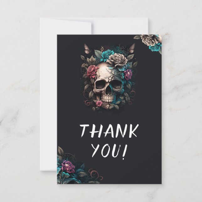 Skull Tattoo Rock and Roll Gothic Wedding Thank You Card (Front)